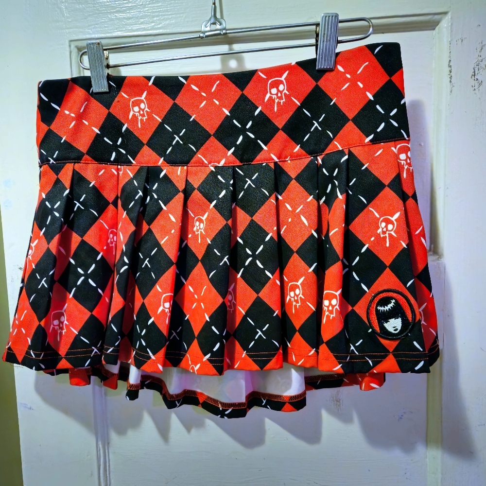Dolls Kill Emily the Strange Red Black Get Lost Argyle Print Mini Skirt Skulls S